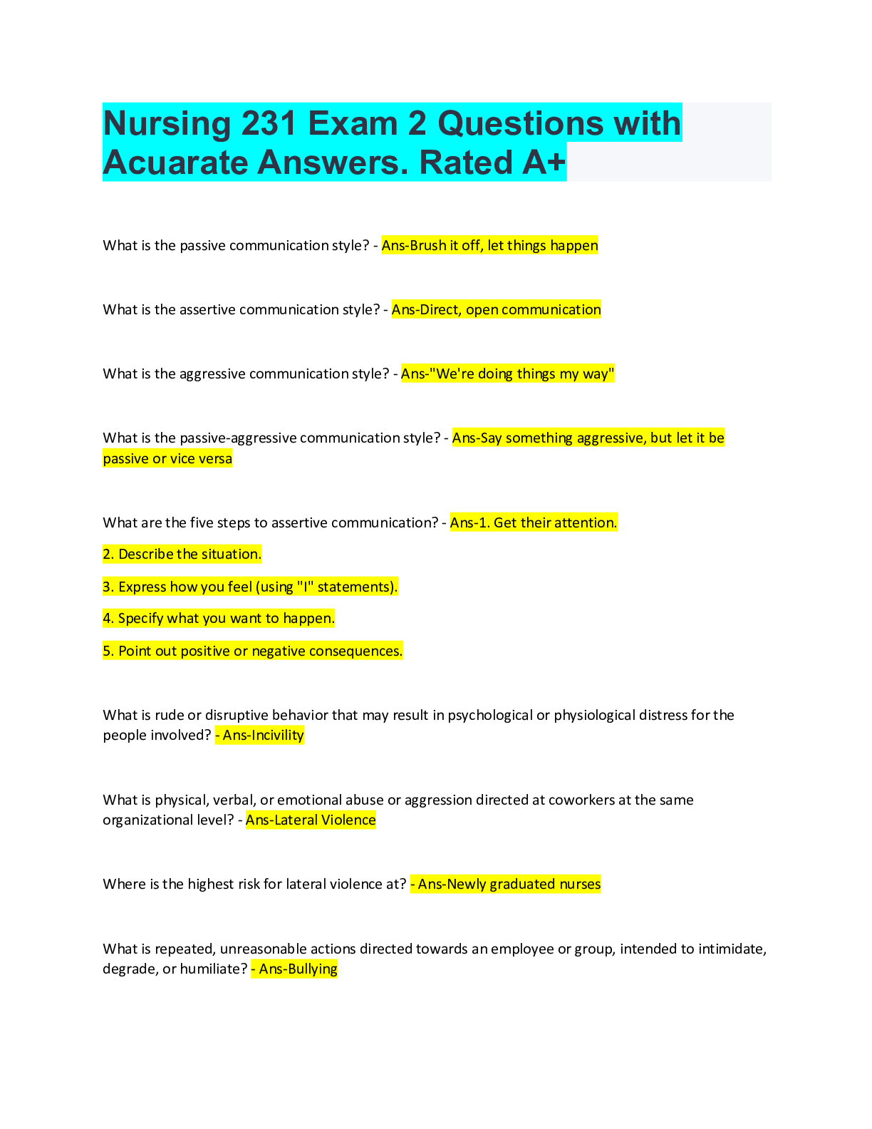 Preview of Nursing 231 Exam 2 Questions with Acuarate Answers. Rated A+